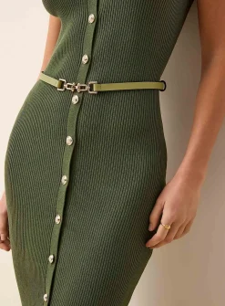 Rib-knit belted and buttoned dress