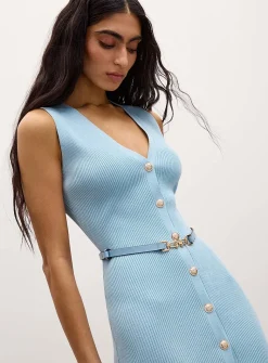 Rib-knit belted and buttoned dress