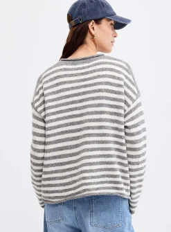 Rolled trim striped sweater
