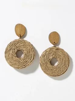 Round wood and raffia earrings