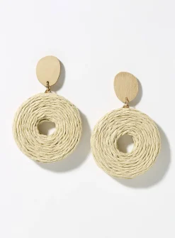 Round wood and raffia earrings