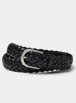 Rounded-buckle braided leather belt