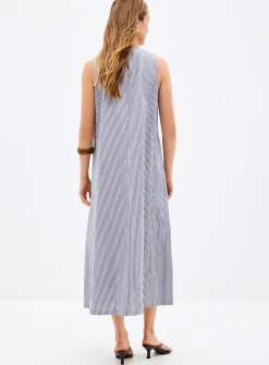 Ruched collar striped poplin dress