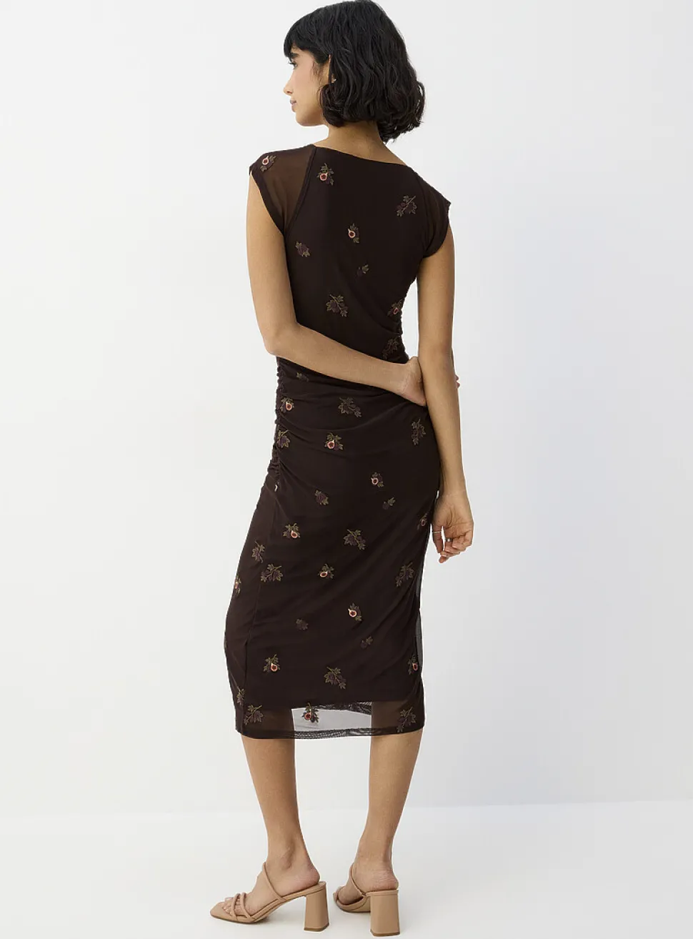 Ruched micromesh midi dress