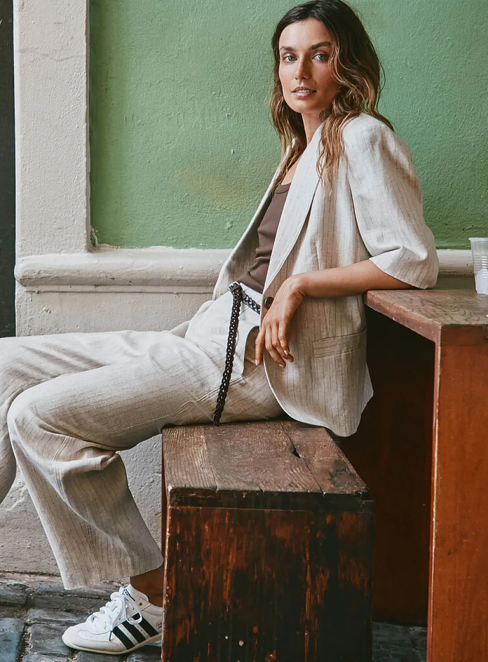 Sand-coloured pinstripe linen blazer