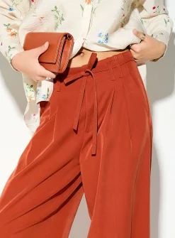 Sash-belt pleated wide-leg pant