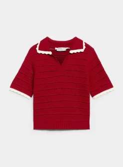 Scalloped Johnny collar openwork sweater