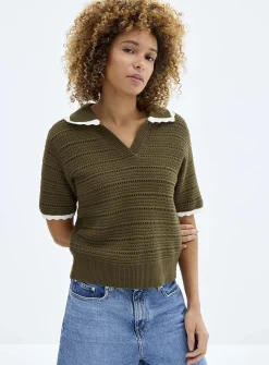 Scalloped Johnny collar openwork sweater