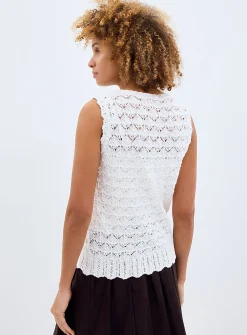 Scalloped trim openwork pure cotton sweater vest