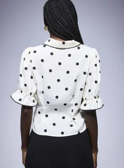 Scalloped-trim puff-sleeve blouse