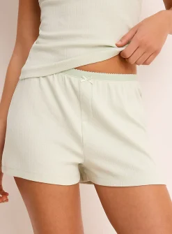 Scalloped-waist pointelle knit pyjama short