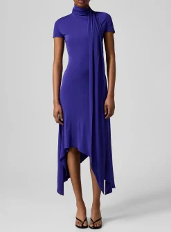 Scarved mock-neck asymmetrical dress