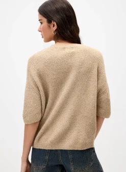 Shaker-rib short-sleeve cardigan