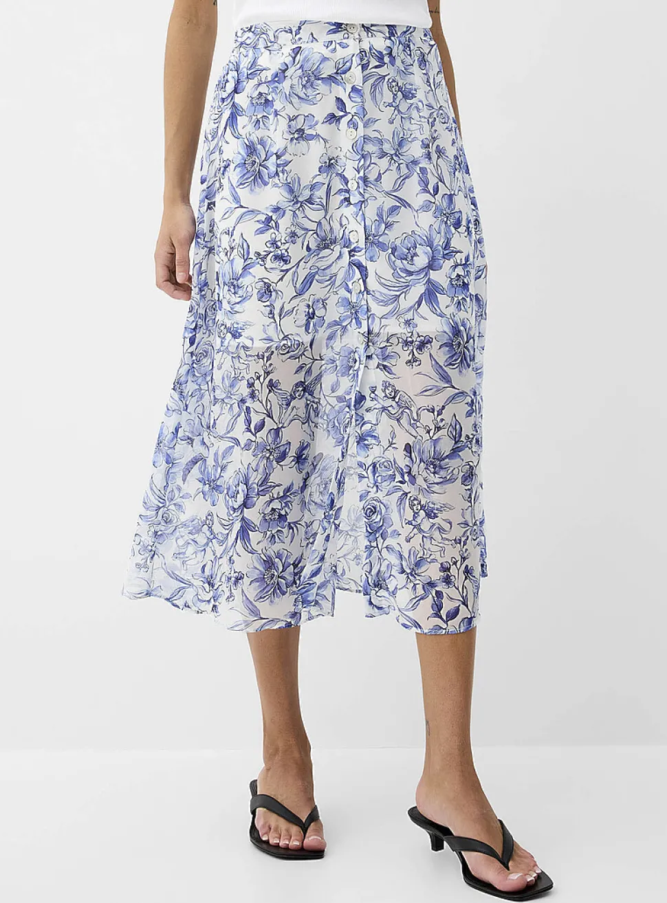 Sheer chiffon button-front midi skirt