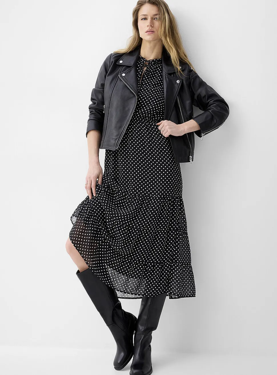 Sheer chiffon ruffled-collar midi dress