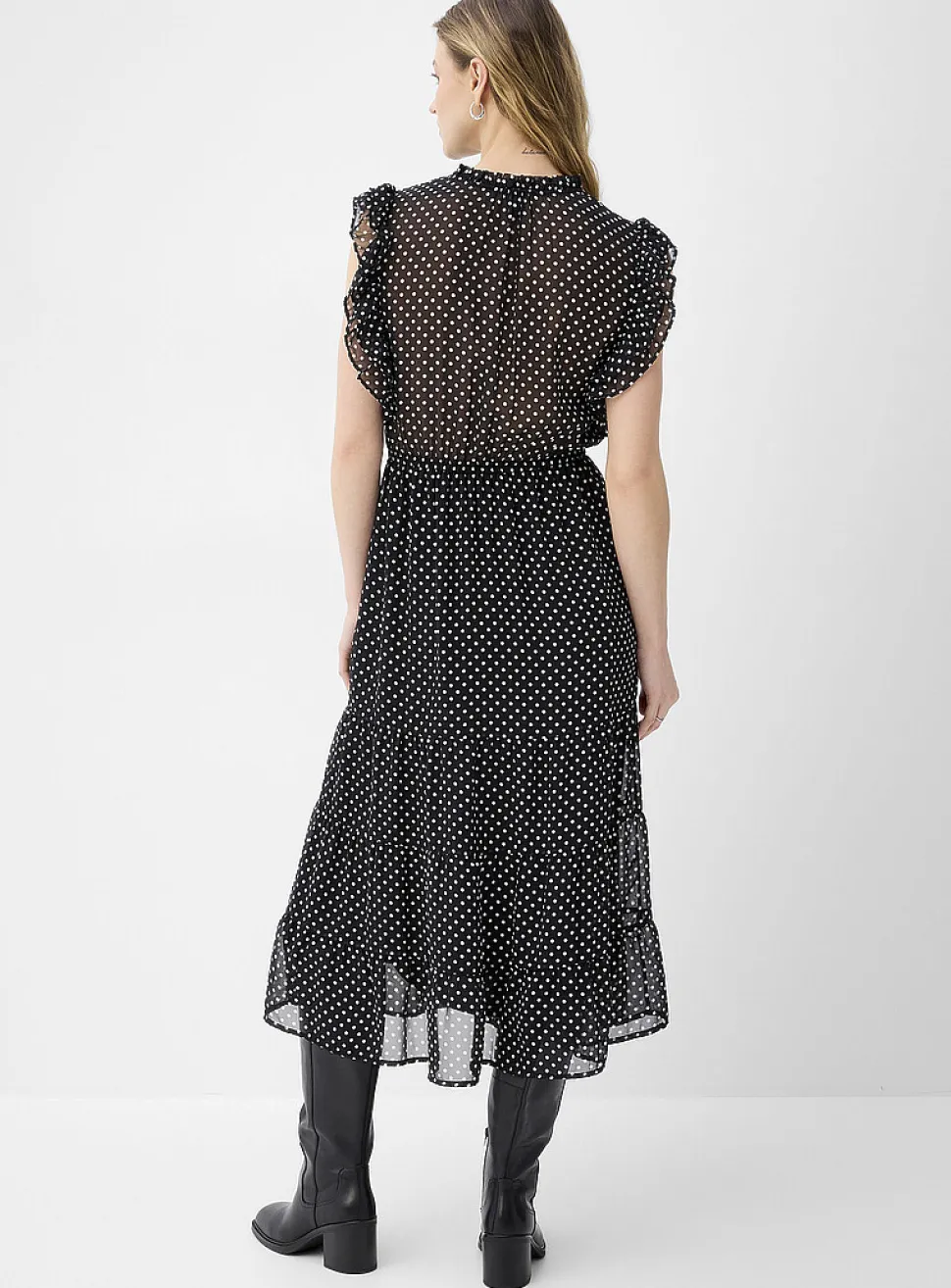 Sheer chiffon ruffled-collar midi dress