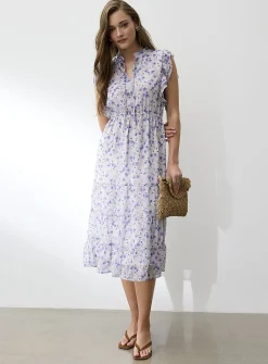 Sheer chiffon ruffled-collar midi dress