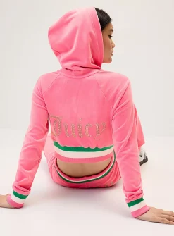 Shimmering logo velvet hooded sweatshirt