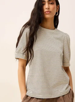 Short puff sleeves striped T-shirt