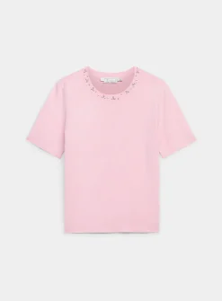 Short-sleeve jewel-collar sweater