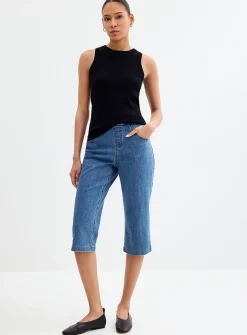 Side slit stretch denim capri legging