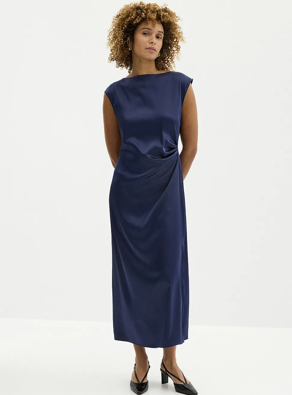 Side-slit draped satin dress