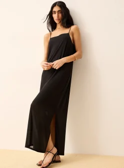 Slim straps side slit maxi micromesh dress