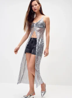 Slit sequined mesh long cami