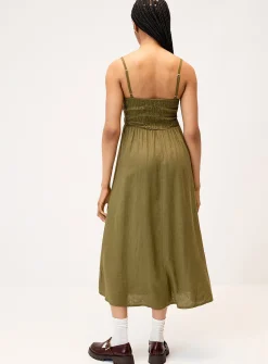Smocked bust linen-blend midi dress