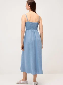 Smocked bust linen-blend midi dress