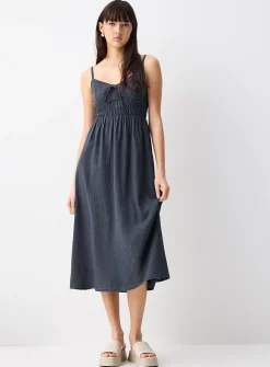 Smocked bust linen-blend midi dress