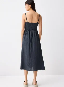 Smocked bust linen-blend midi dress