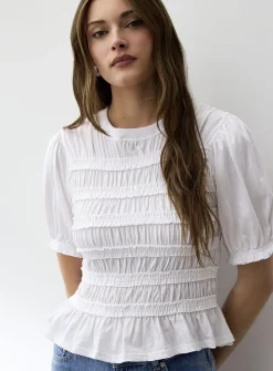 Smocked cropped puff-sleeve T-shirt