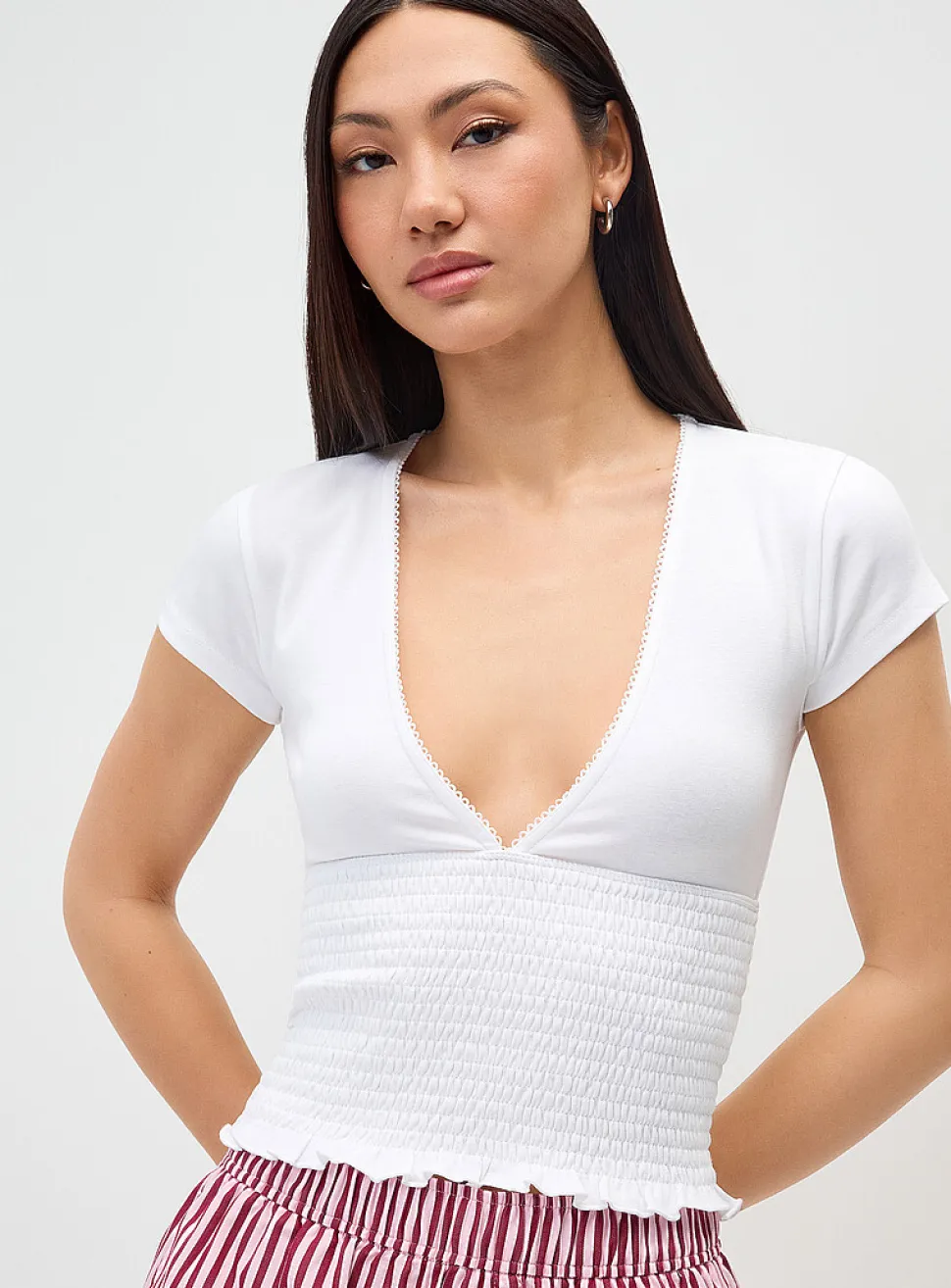 Smocked V-neck T-shirt