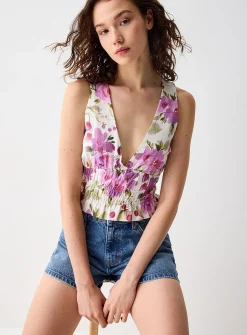 Smocked waist linen blend camisole