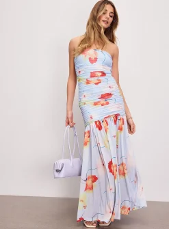 Solana floral micromesh long draped dress