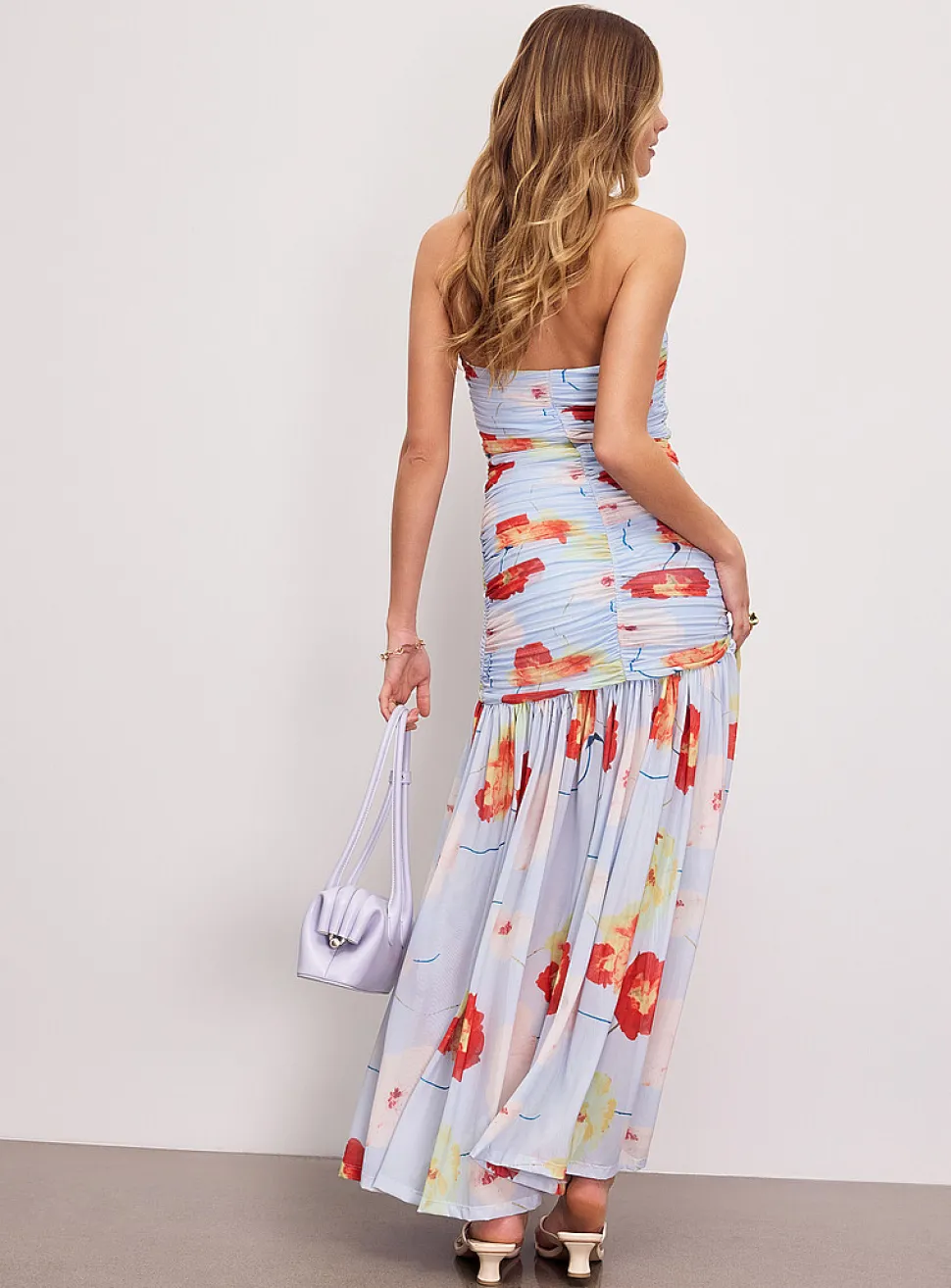 Solana floral micromesh long draped dress