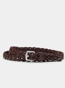 Square-buckle braided leather thin belt
