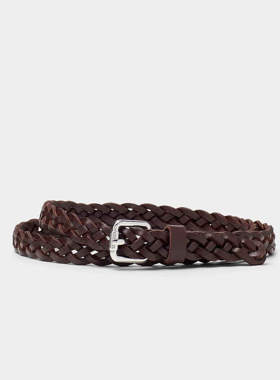 Square-buckle braided leather thin belt