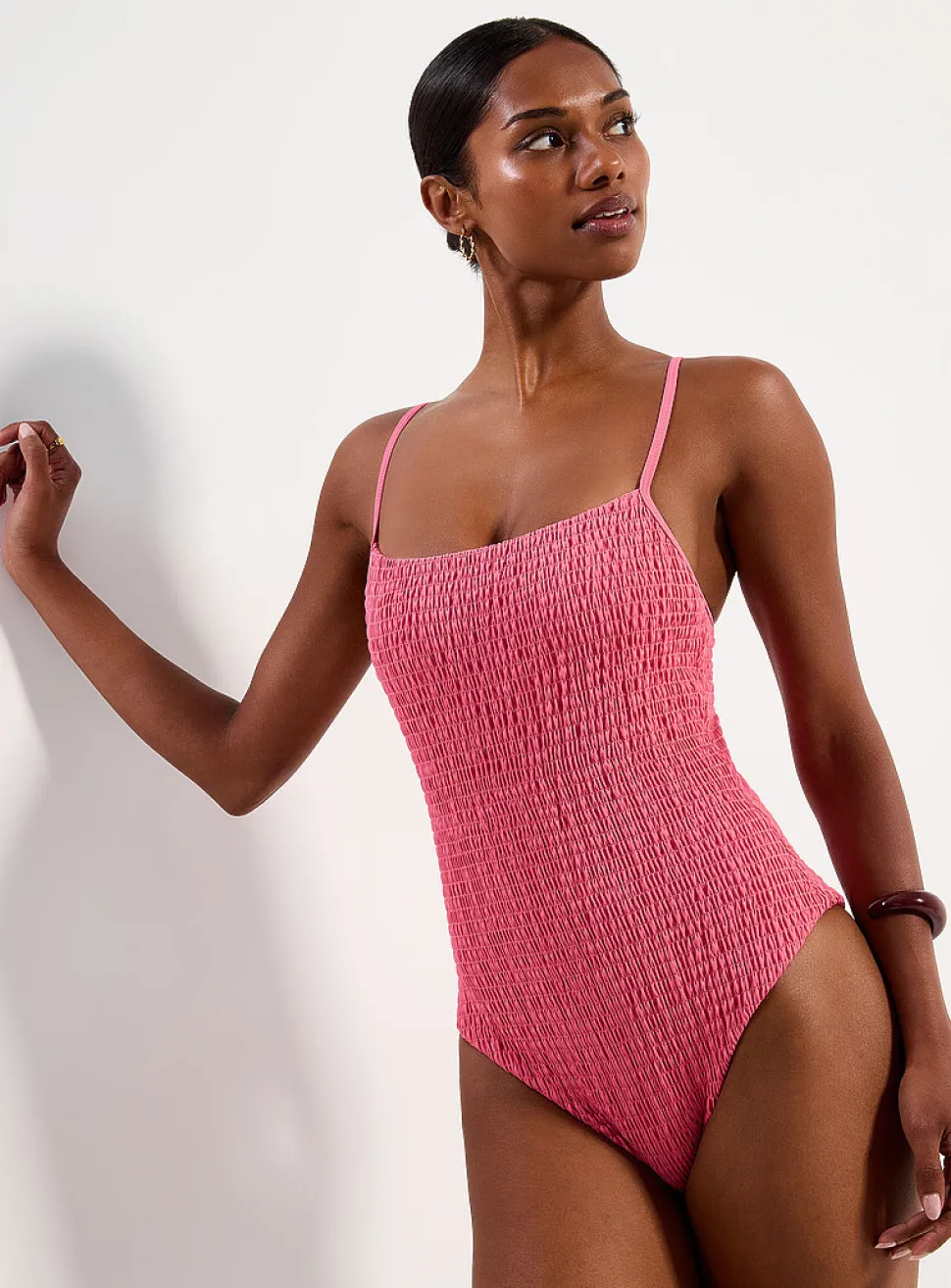 Straight neck smocked one-piece