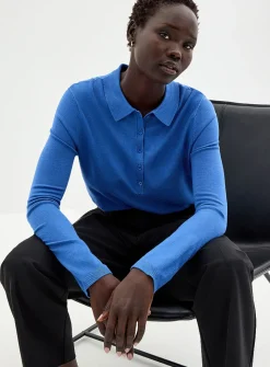 Stretch solid polo sweater
