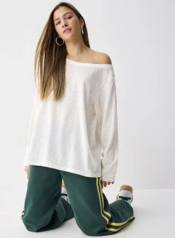 Striped boat-neck loose T-shirt