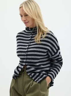 Striped funnel neck cardigan