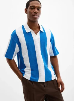 Striped openwork jersey Johnny-collar polo