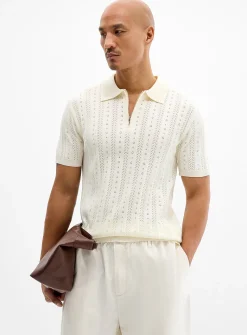 Striped pointelle-knit zip polo