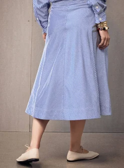 Striped poplin flared midi skirt