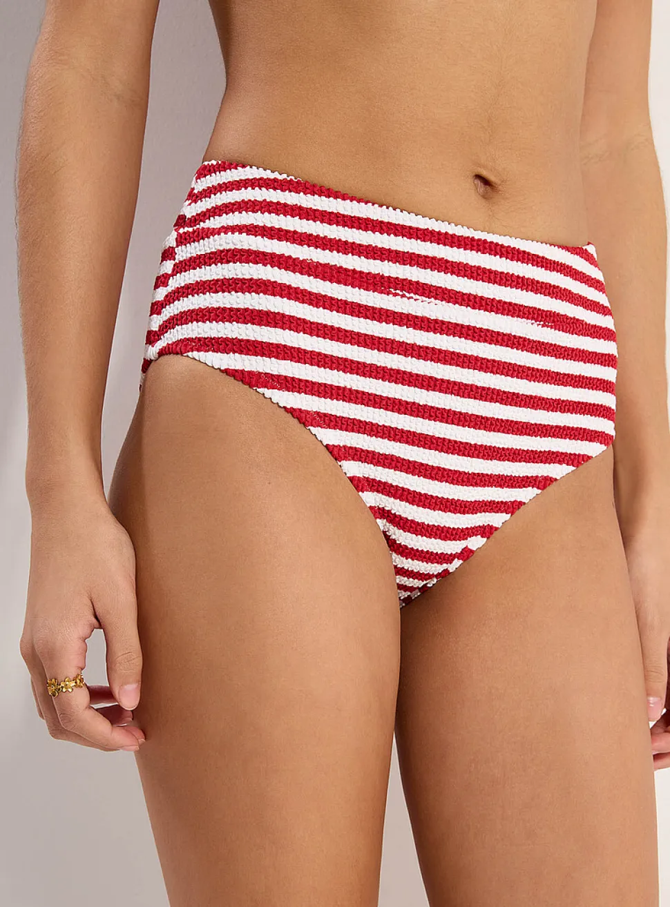 Striped ruffle-textured high-rise high-cut bikini bottom