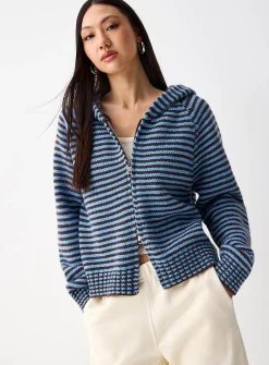 Striped zippered hooded cardigan