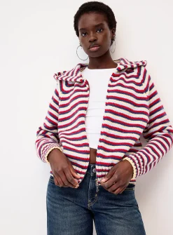 Striped zippered hooded cardigan