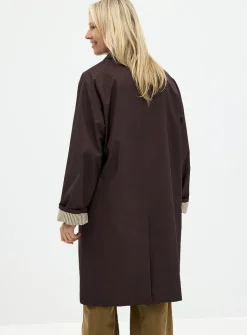 Striped-lining shirt-collar mid-length trench coat